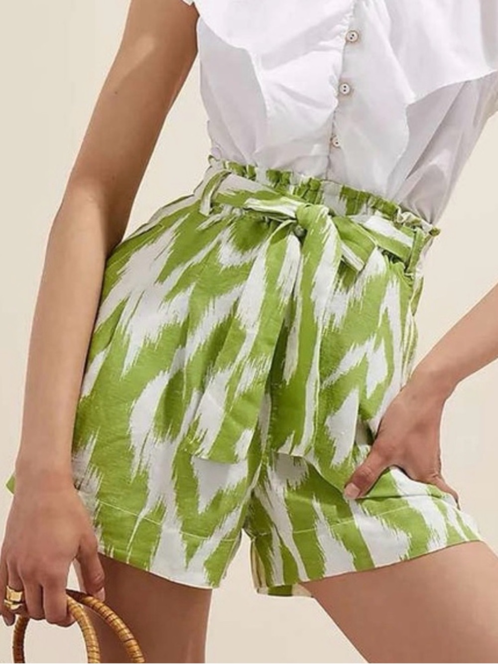 Anthropologie Breezy Paperbag Shorts Green Ikat Linen Blend XS Boho‎ Summer